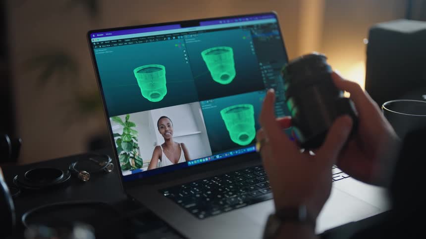 A woman is talking as a camera lens is being shown to the laptop