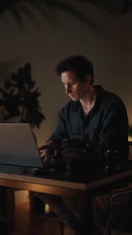 A man sitting at his desk typing on a laptop picking up a camera lens looking at it and setting it back down