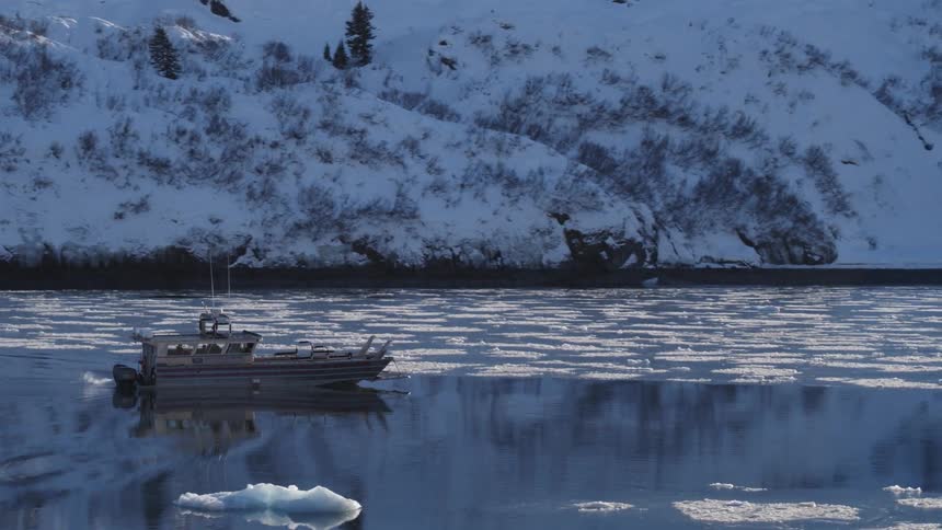 A boat is sailing in the ice filled water