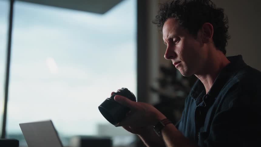 A man is sitting at his desk and looking at a lens
