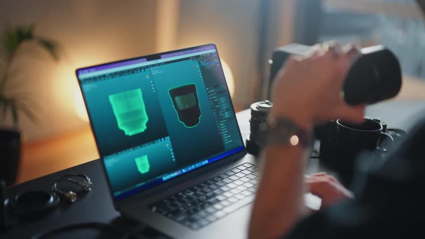 A person using their laptop and holding a camera lens in their hand