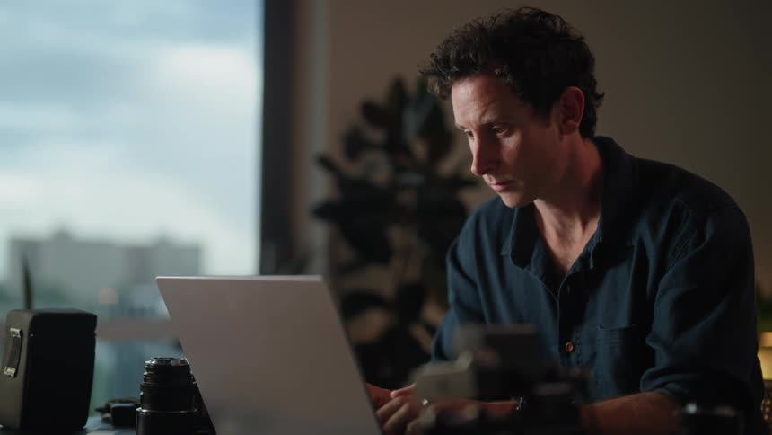 A man is sitting at his computer desk near a window