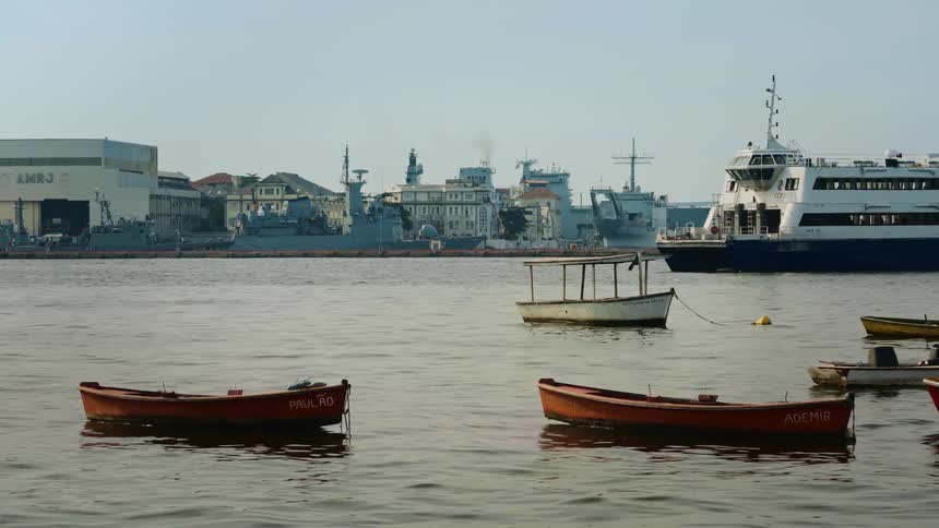 Wide view of waterfront military base in rio de janeiro with ferry approaching