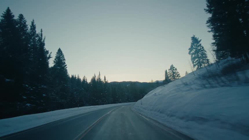 A road with snowy roadsides and pines trees on either side and mountains in the distance