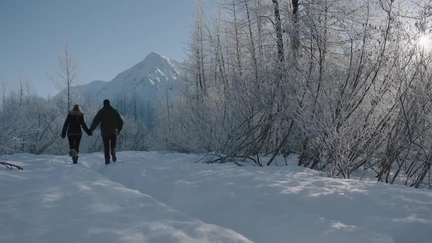 A man and woman walk hand-in-hand in the snowy mountains