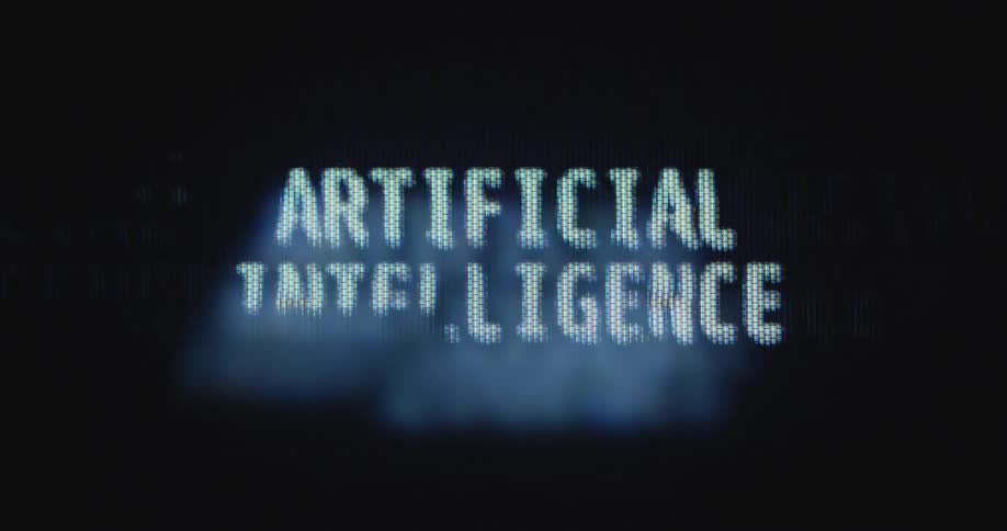 Macro shot of glitching letters on flickering retro TV screen spelling the pixelated words artificial intelligence