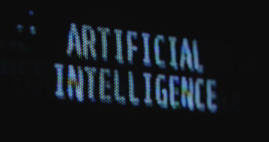 Close up of glitching pixels forming the words artificial intelligence on a vintage computer display