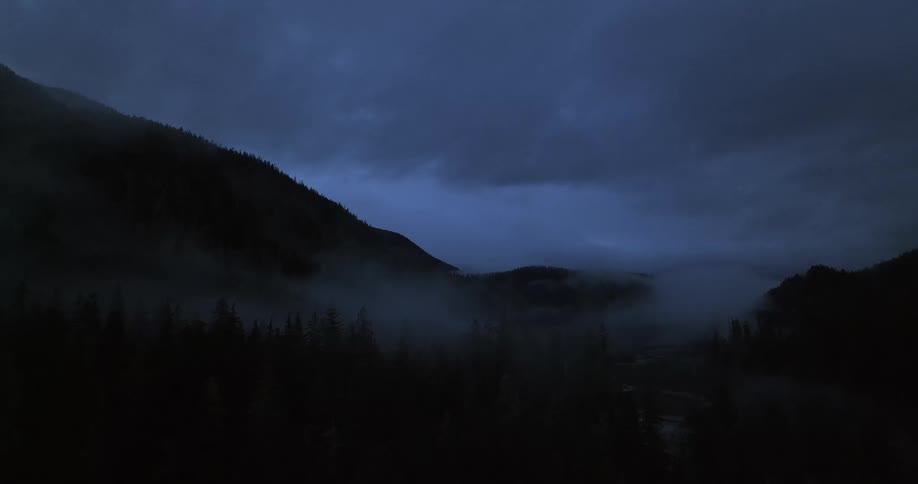Aerial view of forest on mountain slope under clouds at dusk