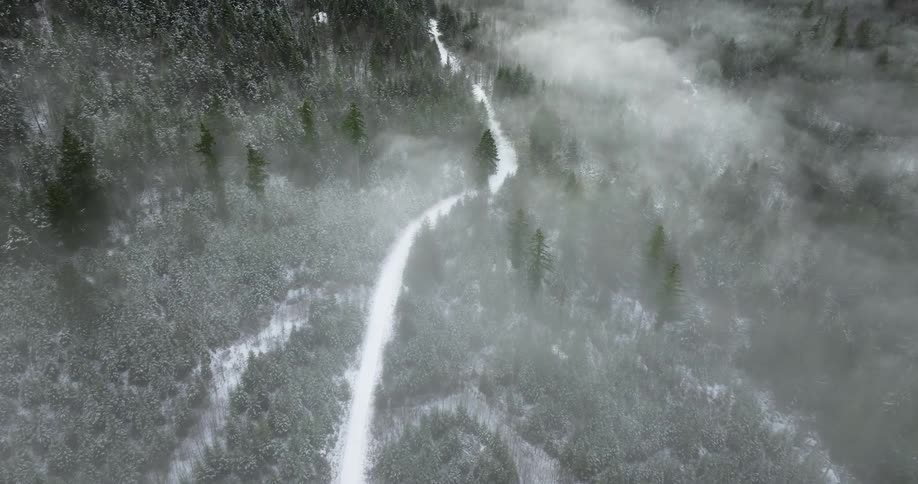 Aerial view of snowy forest and road under clouds