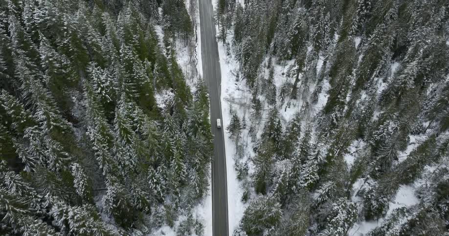 Aerial view of car driving on highway through snowy forest