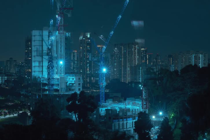 Time lapse of construction site with city skyline in the background
