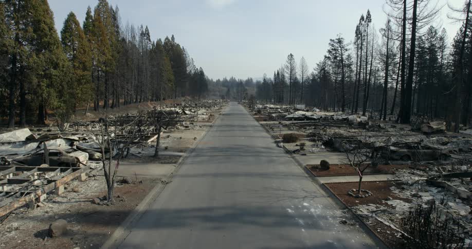 Wide view of suburban residential neighborhood after a fire has burned all of the homes to the ground