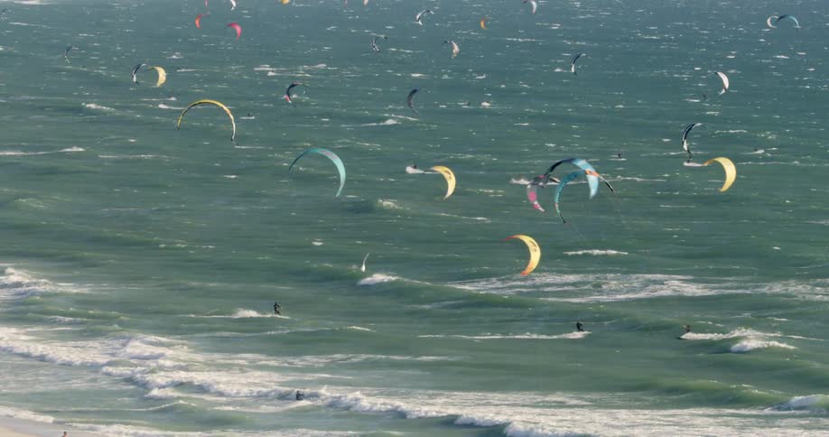 Many people kitesurfing at the beach on a windy day