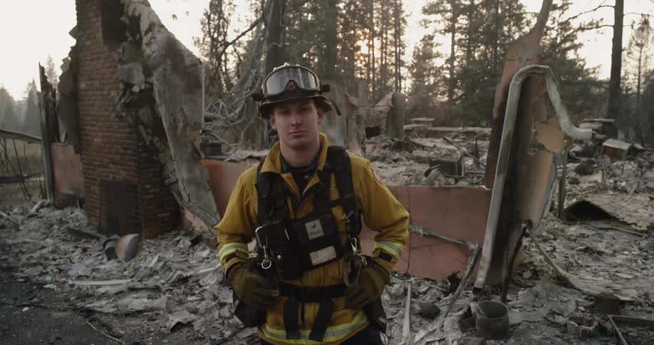 A fireman is standing in front of rubble and ruins of a destroyed house on a neighborhood street