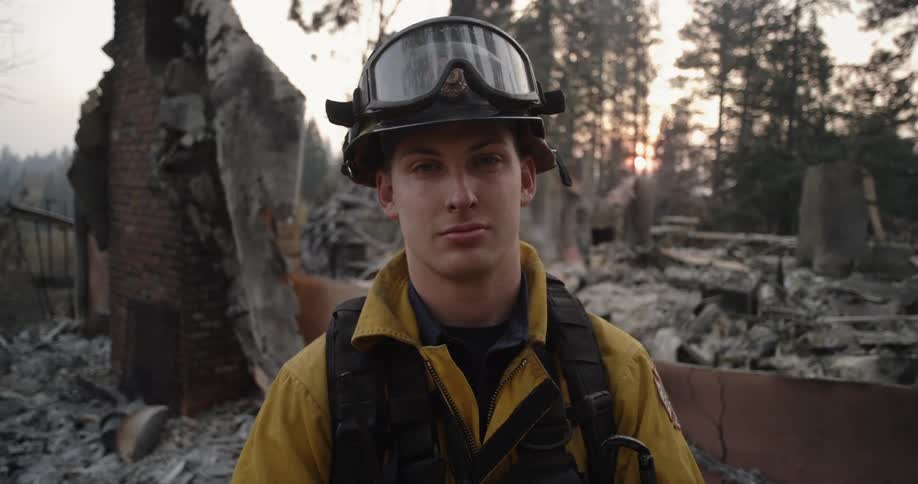 A fireman is standing in front of rubble and ruins of a destroyed house on a neighborhood street