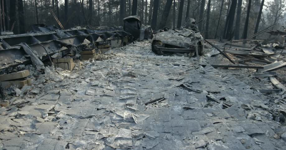 The charred roof of a burnt down building lay on the ground near the skeleton of a burnt car beside the edge of a forest