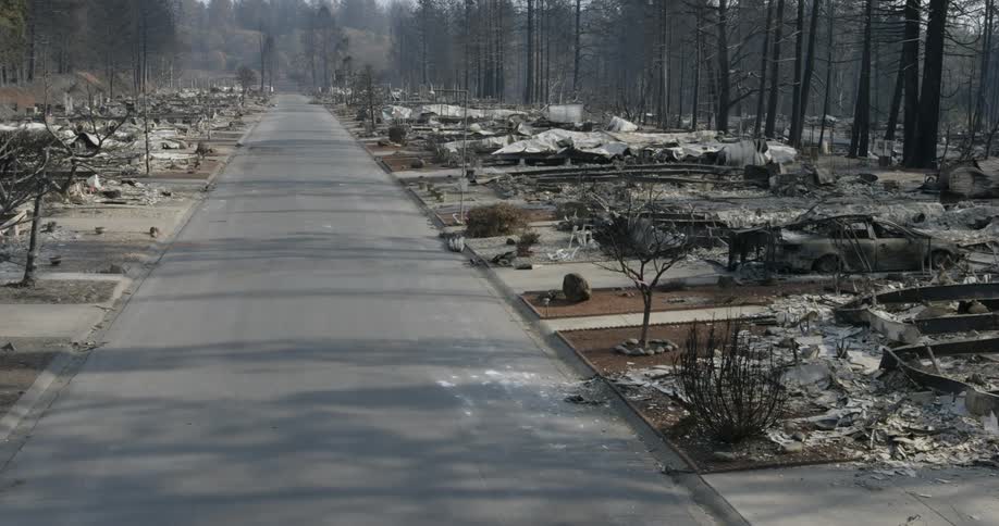 Aftermath of burned neighborhood in a forest community