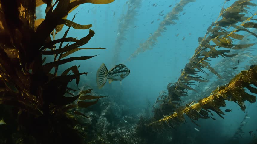 Small fish swim past seaweed in the ocean