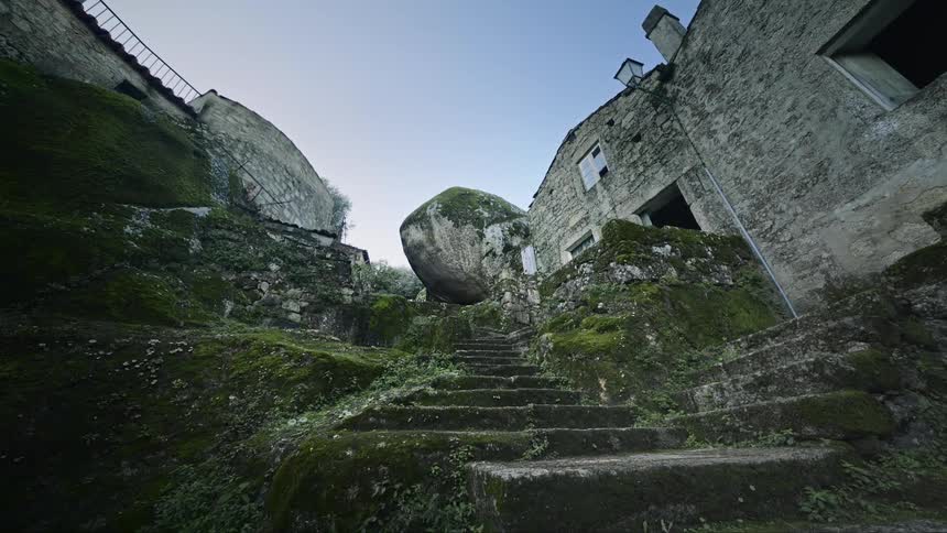 Stone or concrete stairs covered in moss on the side of a building at morning