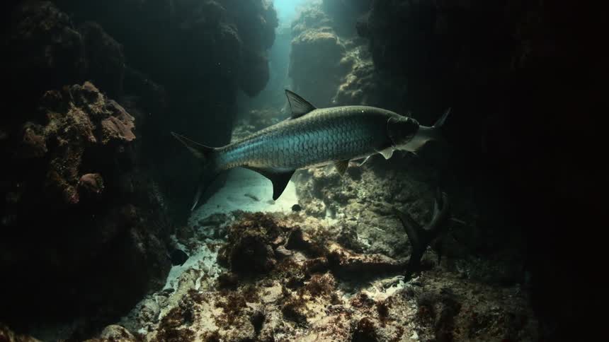 Trout swimming underwater near rock