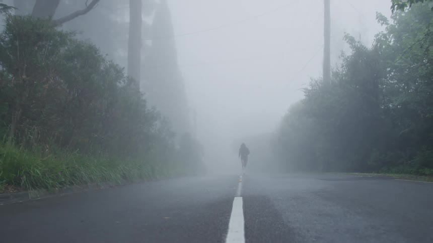 A jogger wearing shorts and a dark hoodie is running on a foggy rural road surrounded by trees
