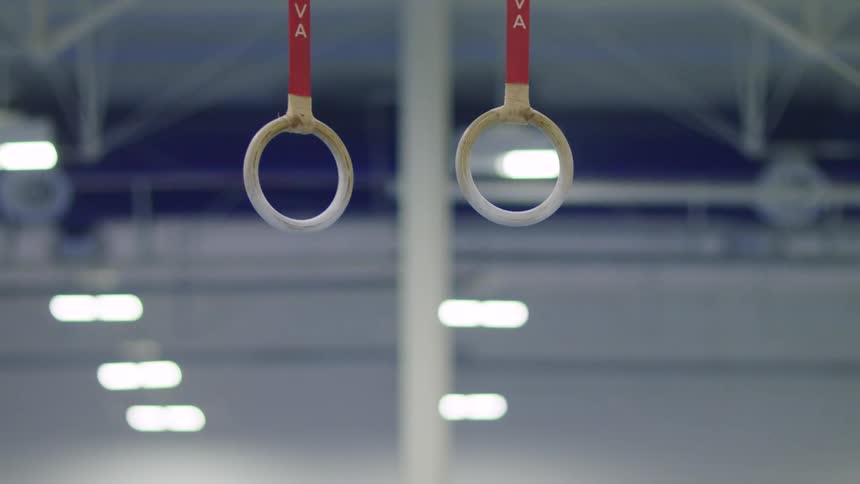 Gymnastic rings hanging in gymnasium