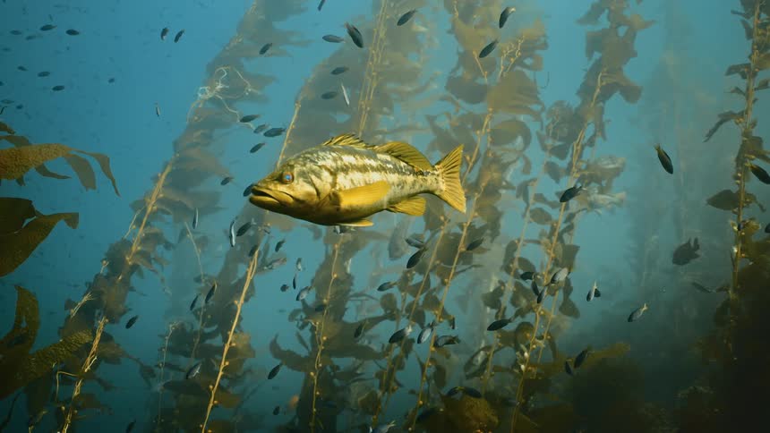 Fish swim all around the seaweed