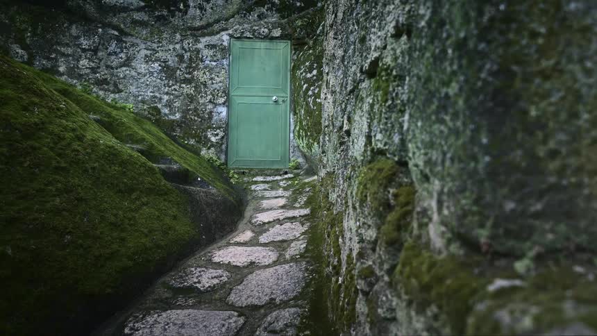 A stone cottage with a green door covered in moss