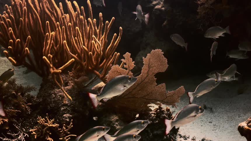 Fish swim among the coral and underwater vegetation along the seabed
