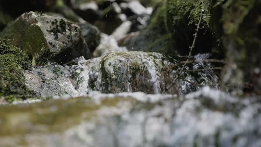 Close up of water streaming down rocks covered in moss in a creek