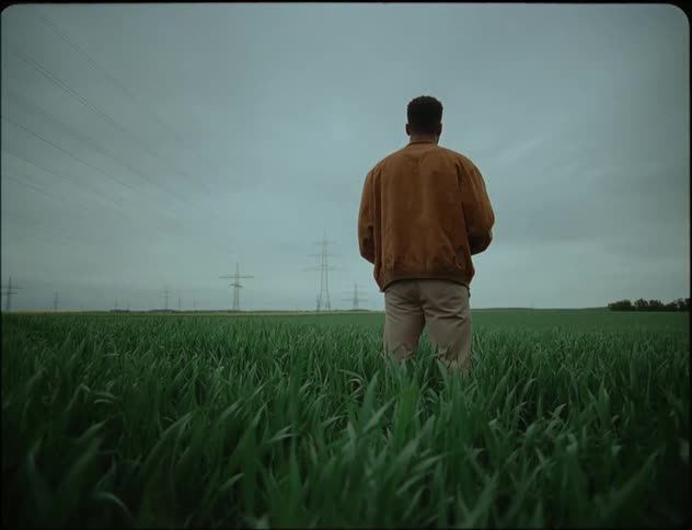 Man stands in field looking toward horizon on an overcast day