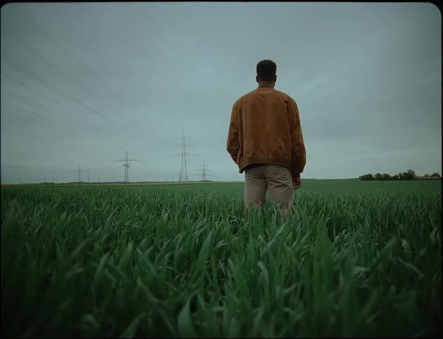 A man standing in a grassy rural field on a summer day