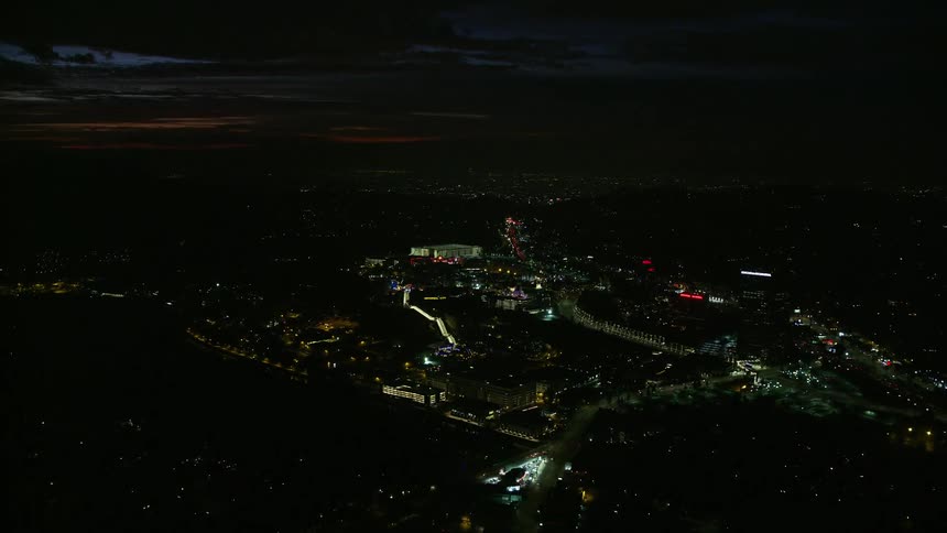 Approaching Universal Studios Hollywood at night in California with impressive night lights