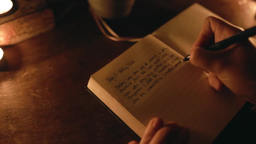 A person is sitting at a table and writing in a book by candlelight