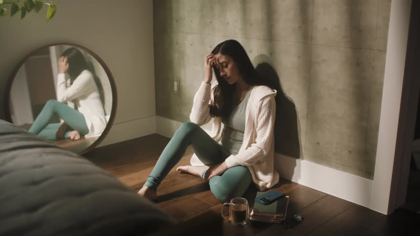 Young woman sitting on the bedroom floor angrily puts away her phone and gets sad