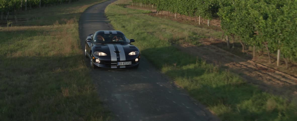A black sports car with white stripes is traveling on a rural road through farmland