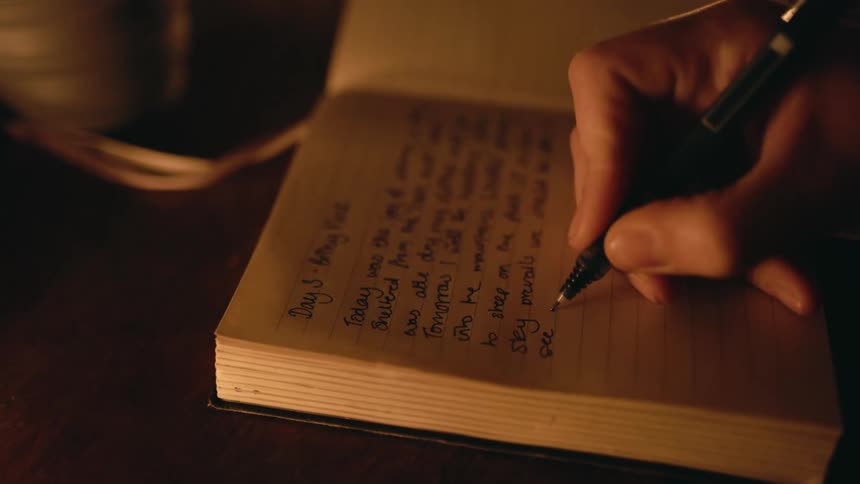 Person writes with pen in thick lined journal