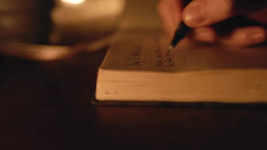 A person is writing in a notebook
