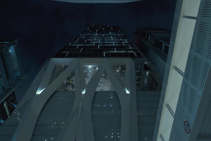 Looking up at towers and skyscrapers with amazing architecture as the sky grows dark and lights glow in the darkness