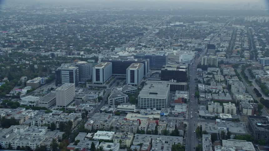 An epic aerial video footage of Cedars-Sinai Medical Center at sunrise in Beverly Hills California