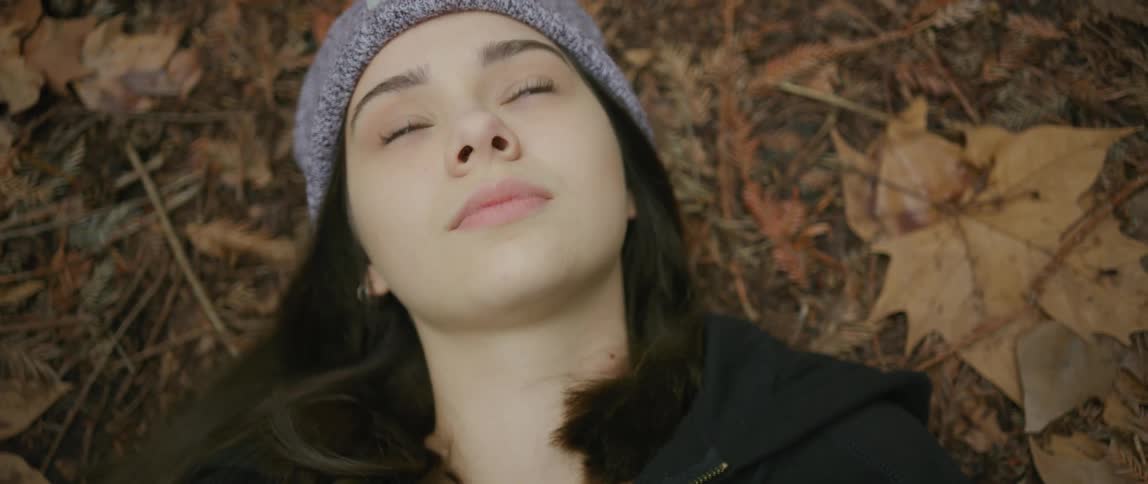 A girl is laying on leaves