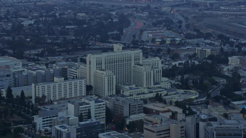 Aerial footage of General Hospital at USC Health Sciences Campus in Boyle Heights Los Angeles California during sunrise
