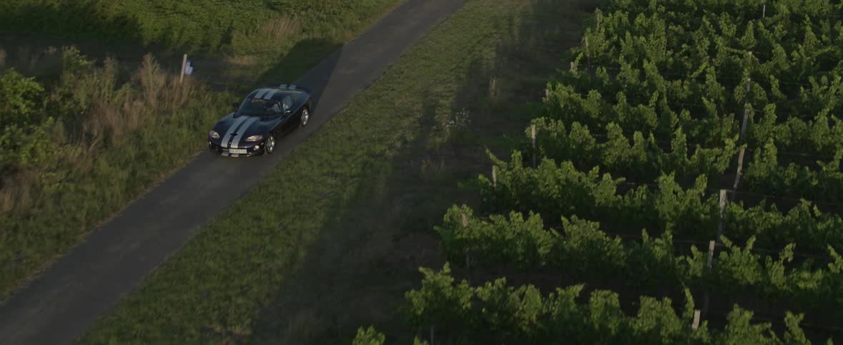 A black sports car with white stripes is traveling on a rural road through farmland