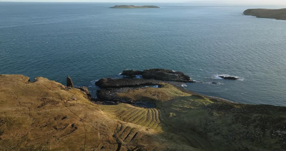 Aerial view of coastal area with mossy land could be ireland or scandinavia