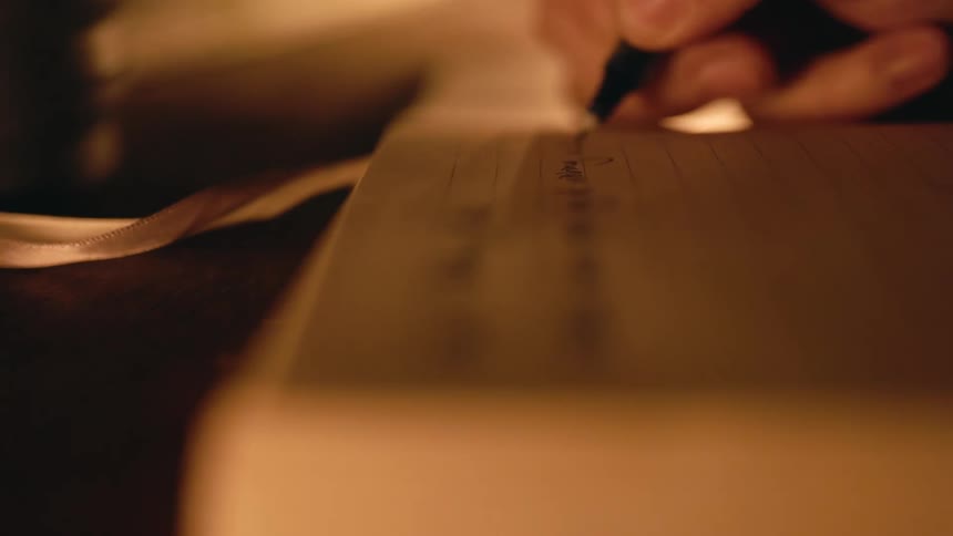 A persons hand is seen writing in a book by candlelight