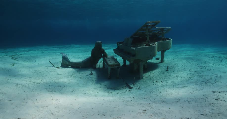 An old piano and a statue of a mermaid sit underwater on the sea bed as light shines from above