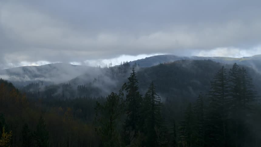 Mist is covering the mountainous landscape