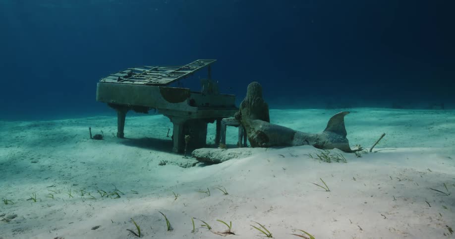 An old piano and a statue sit underwater on the sea bed as light shines from above