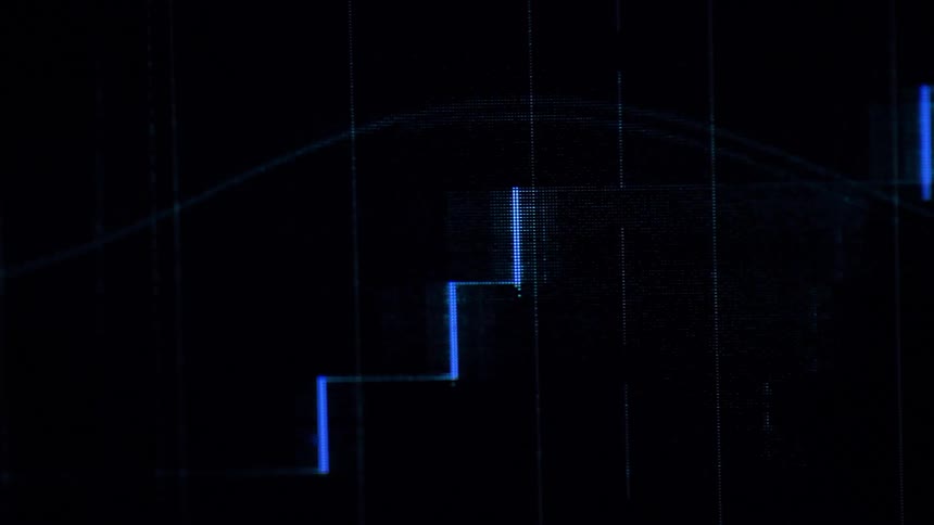 An up close of a computer screen with blue lines and a flashing of blue pixels