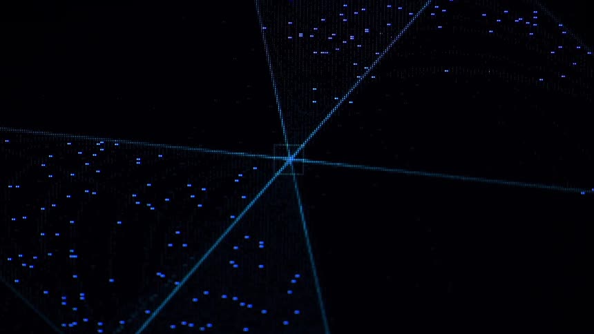 Blue pixelated lines and dots on a black screen